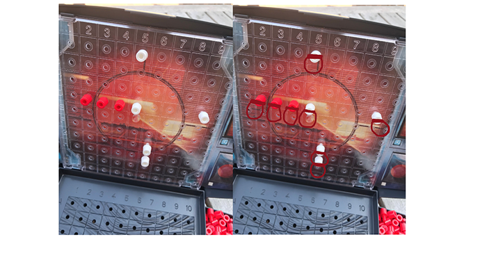 comparison of a normal Battleship game board with red and white pegs and a mockup showing larger pegs