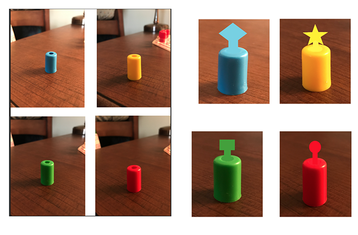 comparison of normal blue, yellow, green, and red cylinder player pieces from the board game Trouble with a mockup showing those pieces with different-shaped heads on top of the pieces