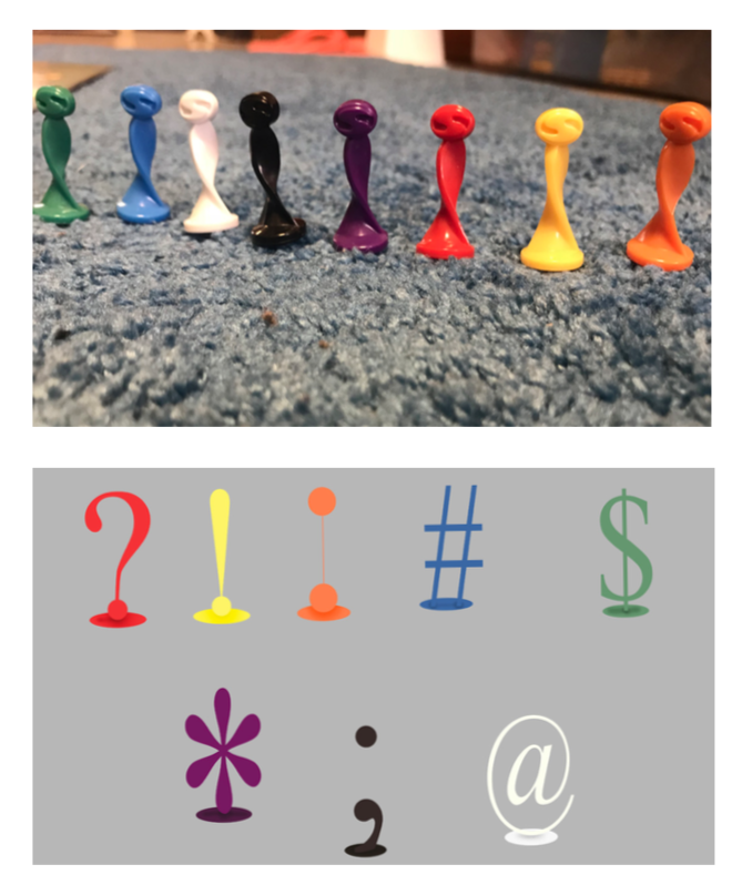 Quelf game pieces are all alike with different colors. Image offers a redesign using popular punctuation elements like exclamations and question marks