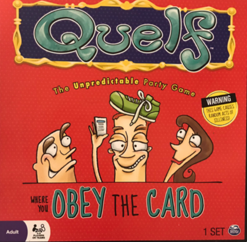 Quelf board game cover offering a game where you obey the card