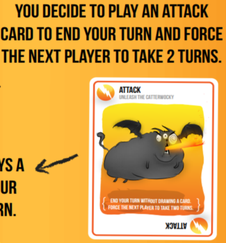 Exploding Kittens attack card featuring an obese gray cat with wings breathing fire