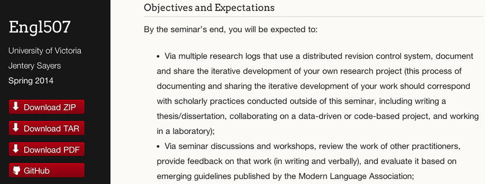 Screen Grab of the Course Site for English 507, a Graduate Seminar at the University of Victoria