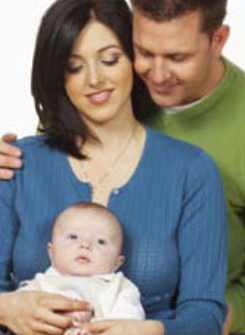family where father is holding or protecting woman and child