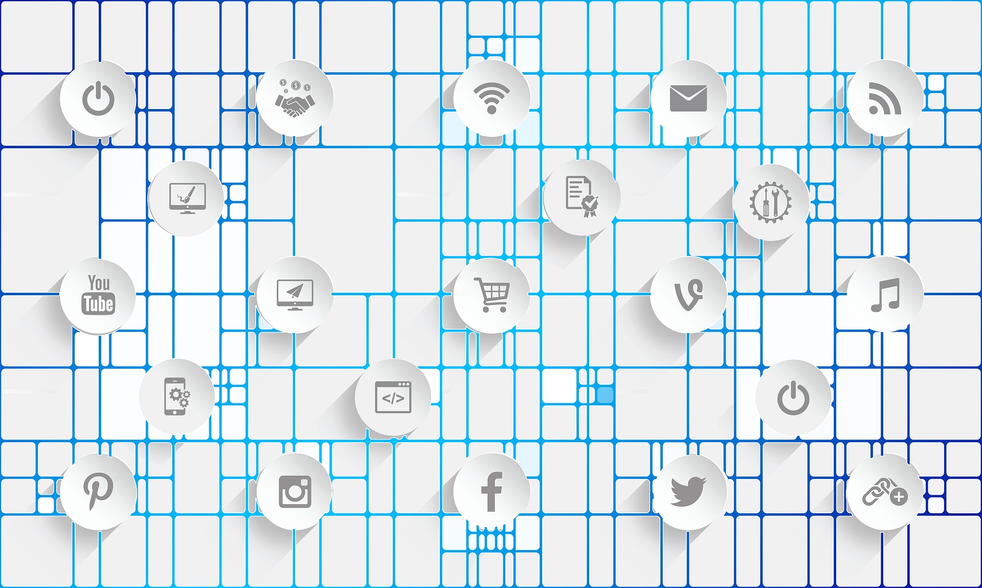 Image includes a rectangular box with social media icons overlaying a networked grid.