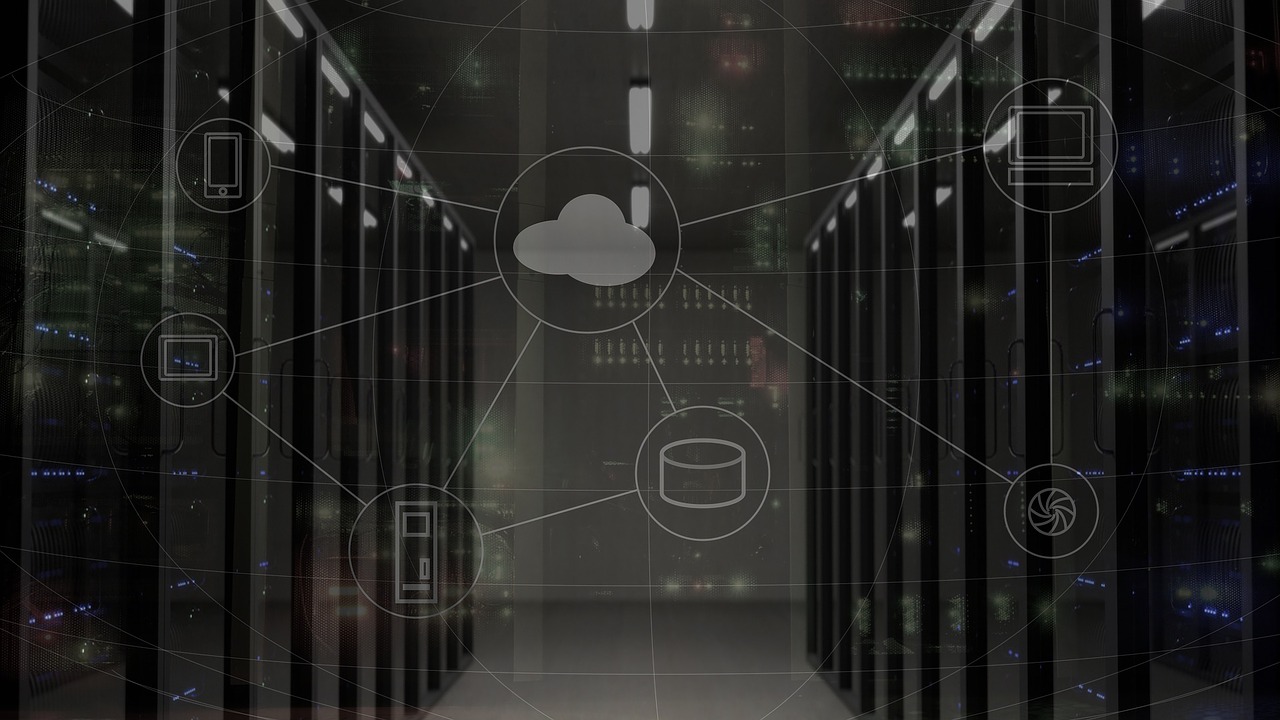 Grey scale image of the inside of a data center, overlayed with social media icons.