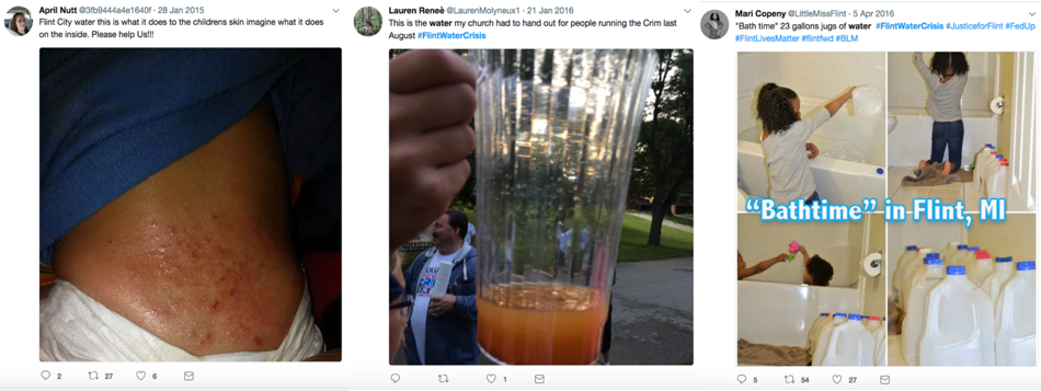 Screen shots of Flint community members’ Tweets about the water contamination