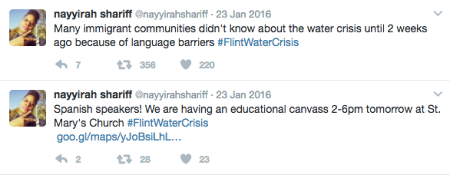 Screen shot of Nayyirah Shariff’s Tweets about canvassing in Flint immigrant communities
