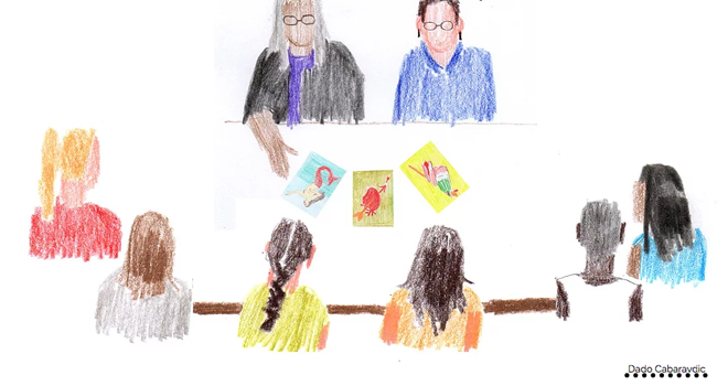 hand drawn sketch with color pencils, featuring two older women with glasses distributing cards and around them circle six young students with different shades of skin and hair.