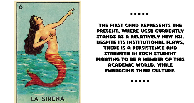 on the left, the card has a mermaid, topless, floating half in and half out of the water. her head leans back. One arm reachest forward to the sky.